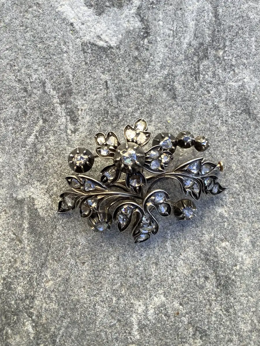 Broche Fleur Diamants Argent et Or 18ct